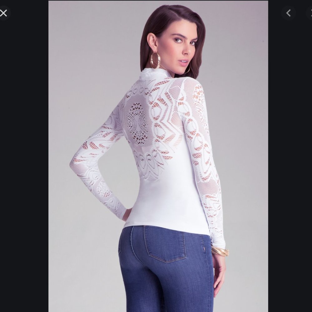 Bebe Mock Neck Lace Detail Top